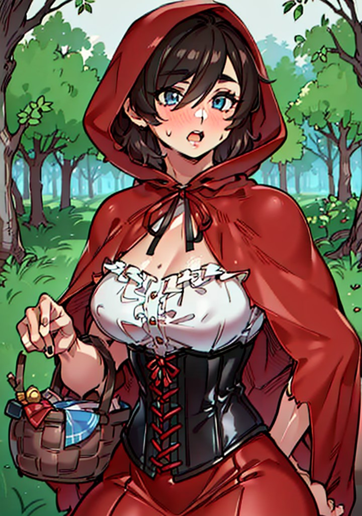 06562-2276856093-(RedHoodWaifu_1), 1girl, cute, (messy hair, brown hair, short hair), (red hood, cape, corset, dress, red skirt), basket, cute po.png